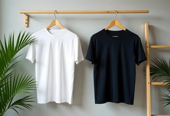 White and Black T-Shirts Hanging on Wooden Rack with Greenery, Tshirt, mockup