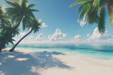 Tropical beach scene with palm trees, white sand, and clear blue ocean water