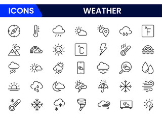 Clean vector web line icons depicting weather forecasts, sun, rain, clouds, temperature, and meteorological data for accurate predictions.