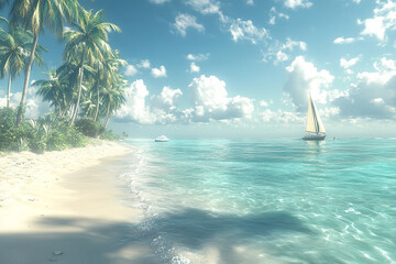 A tropical beach with palm trees and a sailboat on a sunny cloudy day