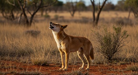 Australian Dingo Howling in the Outback Wilderness at Dusk Scene