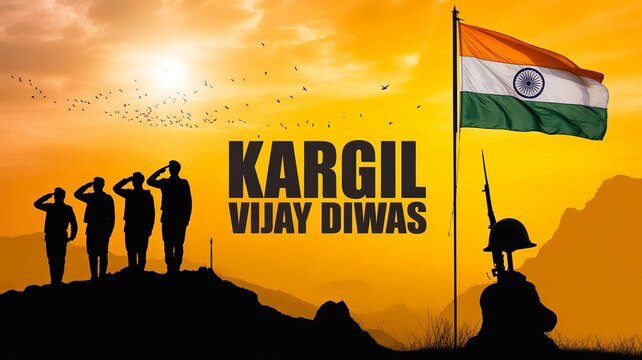 Kargil Vijay Diwas Tribute with Soldiers, Indian Flag and Sunset Symbolism