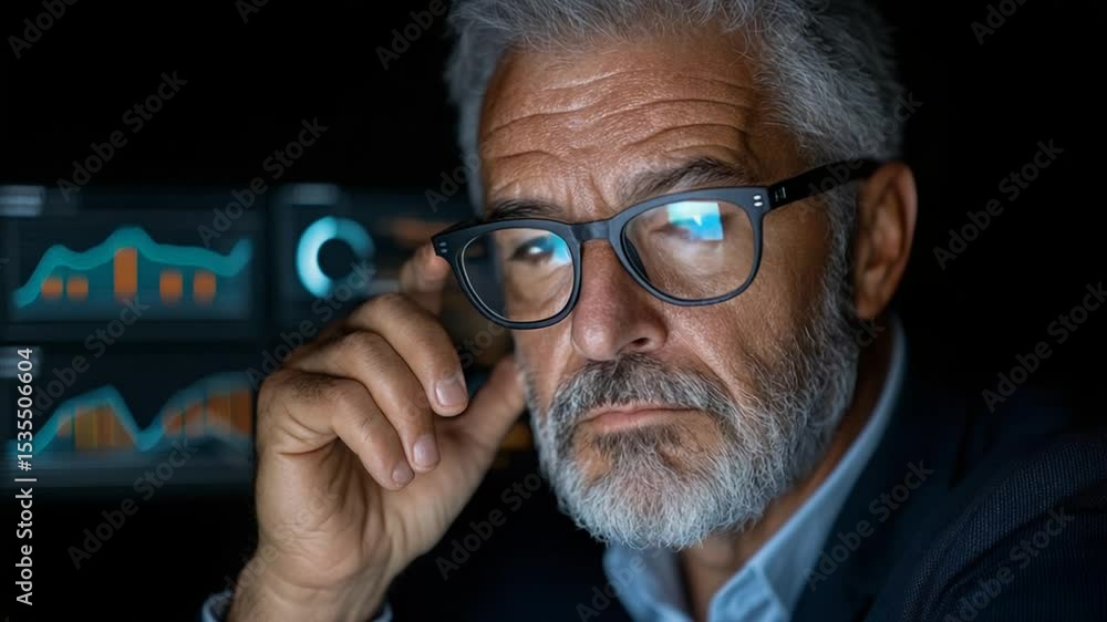 Poster focused businessman analyzing data trends with graphs in the background, showcasing analytical and s