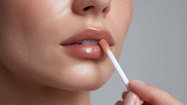 Woman lips applying lip gloss with applicator closeup, smooth skin and natural makeup enhancing beauty and softness in delicate moment