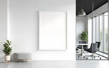 Blank poster mockup on white wall in modern office interior with glass meeting room and minimalist furniture in bright clean layout concept. 3D Rendering,. High quality