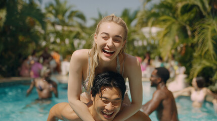Friends laughing together at pool party.