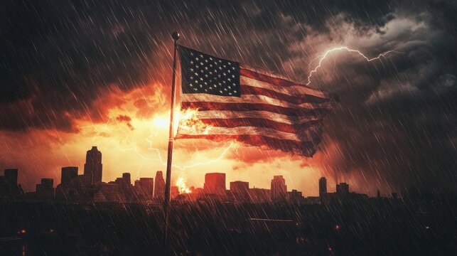 American pride endures amidst storm and skyline backdrop with waving flag