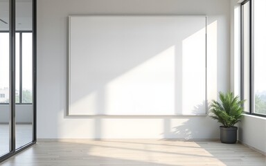 Obraz premium 3D rendering of modern office interior with white wall poster mockup, glass meeting room, and clean minimalist workspace. High quality