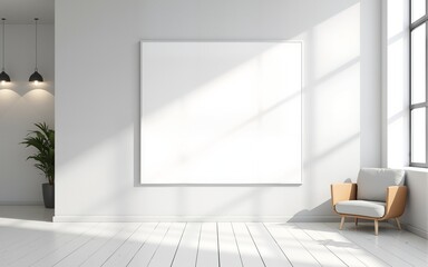 Blank poster mockup on white wall in modern office with glass meeting room and minimalist furniture in bright layout, 3D rendering. High quality