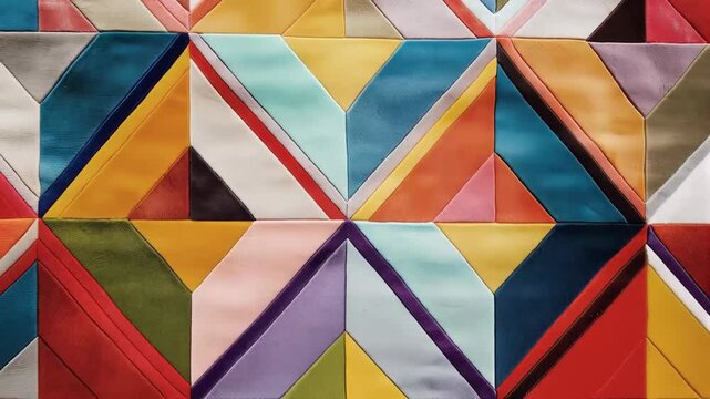 Colorful geometric pattern of fabric pieces arranged in a vibrant quilt design, showcasing various textures and hues in a creative composition