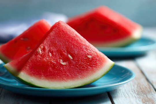 Two triangular watermelon slices rest on light blue plates on a wood surface The foremost slice is in focus