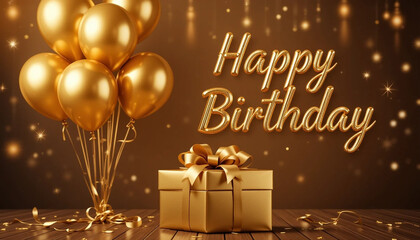Golden Balloons and Gift Box on Sparkling Brown Birthday Background

