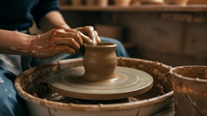 Close-up of potter's hands shaping clay on a spinning pottery wheel. Artisan creating ceramic vase in a workshop. Handmade craft and traditional art process. Pottery course advertising