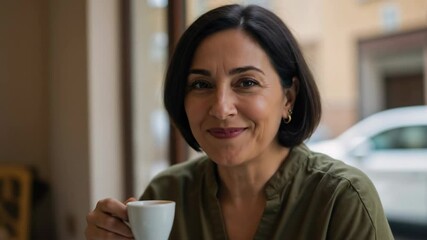 Elegant italian mature woman with dark hair smiling while drinking espresso in a cafe by the window. Enjoying a coffee break. Dolce vita. - Powered by Adobe