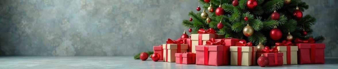Christmas gifts piled high near decorated tree, concrete wall background, pile, photography, image