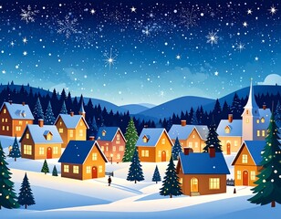 Cozy winter village at night