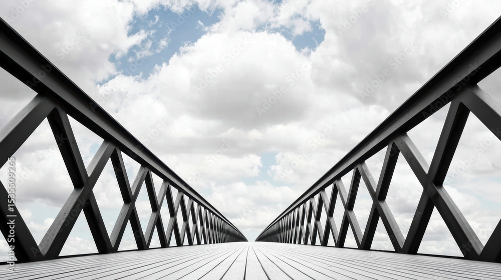 Aufkleber structure steel bridge structure captured from below, emphasizing perspective and power.