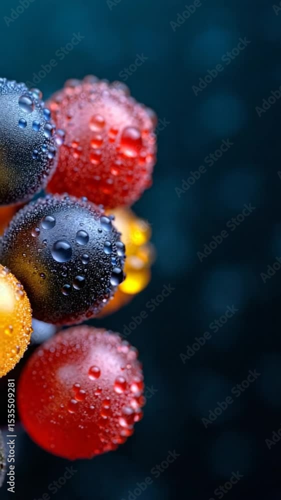 Poster vibrant droplets on colorful bubbles against a dark background capturing freshness and brightness in