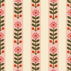 Colorful Floral Pattern with Pink Flowers and Green Leaves on Soft Beige Background