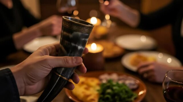Man's hand holding a traditional drinking horn at a candlelit feast table. Medieval, Viking, or Georgian supra celebration with food and drink. Cultural heritage.