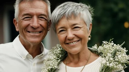 Elderly couple embracing with joyful expressions in lush garden setting - Powered by Adobe