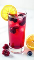 Glass of blackberry lemonade, overhead, white background, fruit, summertime