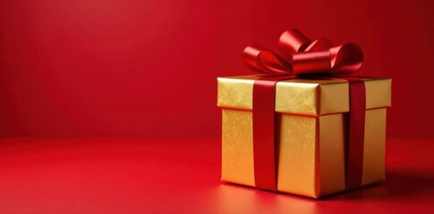 Luxurious golden gift box with vibrant red bow, festive red backdrop , new year, holiday