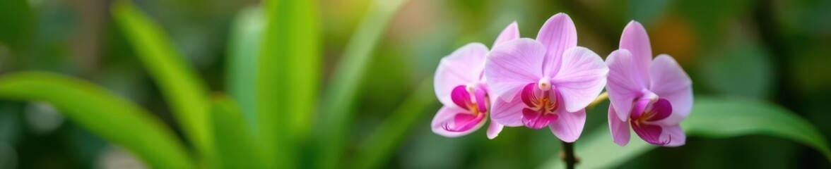 Obraz premium Pastel pink Cymbidium orchid in garden setting, lush green leaves visible, nature, pastel, orchid