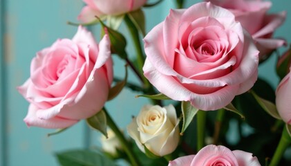 Fototapeta premium Pink peonies & roses bouquet, rustic wood Pastel colors, close-up Copy space , wedding, texture, plant