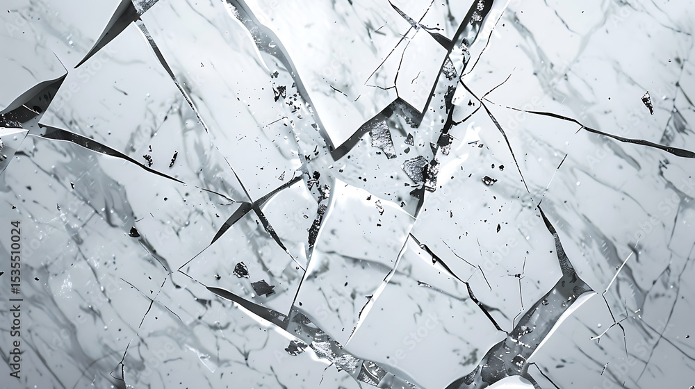 Leinwandbilder Shattered glass with sharp cracks and fragments creates an abstract and textured pattern, reflecting light and shadows in a modern and contemporary style