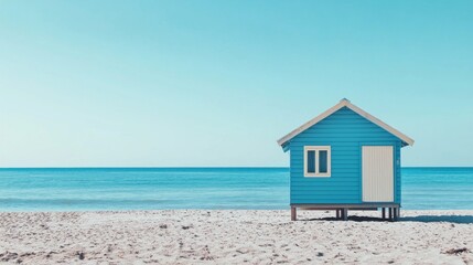 Obraz premium A blue and white beach hut on a sandy beach with the ocean in the background.