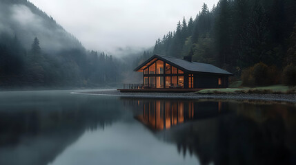Fototapeta premium Illuminated Modern Cabin By Lakeside In Foggy Forest
