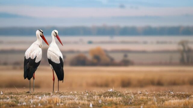 Two elegant storks standing gracefully in a serene landscape, showcasing their striking plumage and natural habitat in a tranquil setting