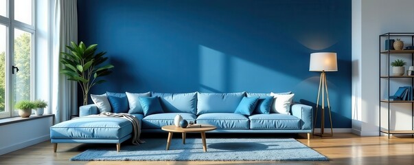 Stylish blue-accented living room, minimalist design, AC visible, horizontal banner , home decor, ventilation
