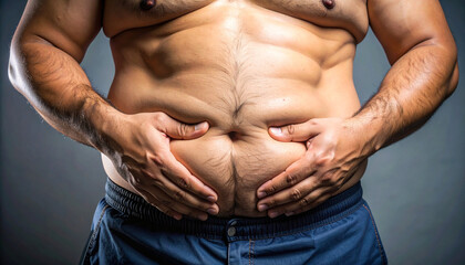 Obraz premium Person Pinching Belly Fat to Show Obesity, Excess Weight, and Body Fat Issues for Health Awareness