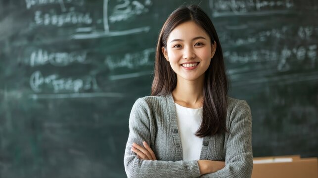 A young woman standing in front of a chalkboard with mathematical equations written on it.