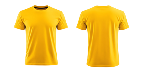 A simple yellow t-shirt displayed from the front and back, showcasing its design and color for potential buyers.