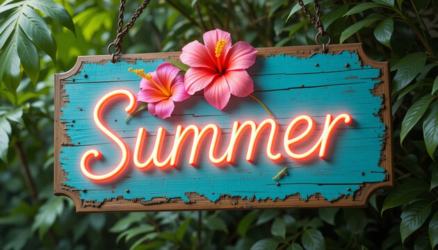Vintage Wooden Summer Sign with Neon Letters and Tropical Flowers
