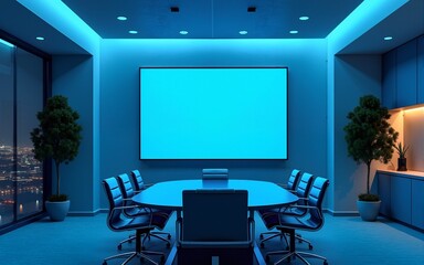 Modern office interior with blue lighting, empty conference room, and sleek furniture design. High quality