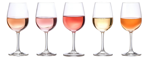 Five Glasses of Rose and White Wine, Isolated on White Backgroun