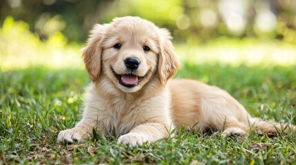 A happy golden retriever puppy lying on a grassy field with a blurred green background.