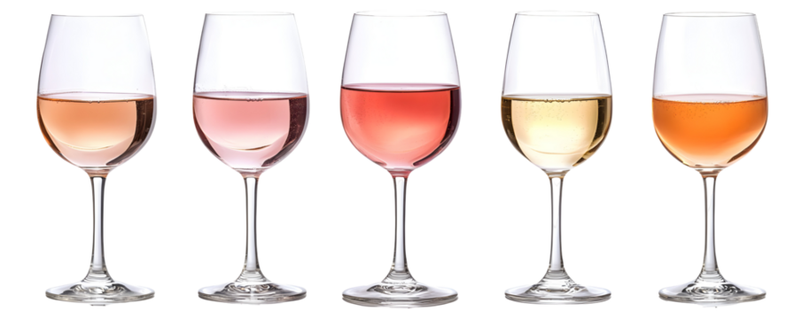 Five Glasses of Rose and White Wine, Isolated on White Backgroun