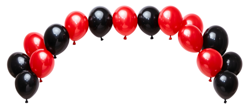 A decorative arch made of alternating red and black balloons, often used for celebrations or events.