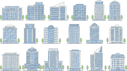 City urban skyline illustration with business tower and downtown apartment buildings