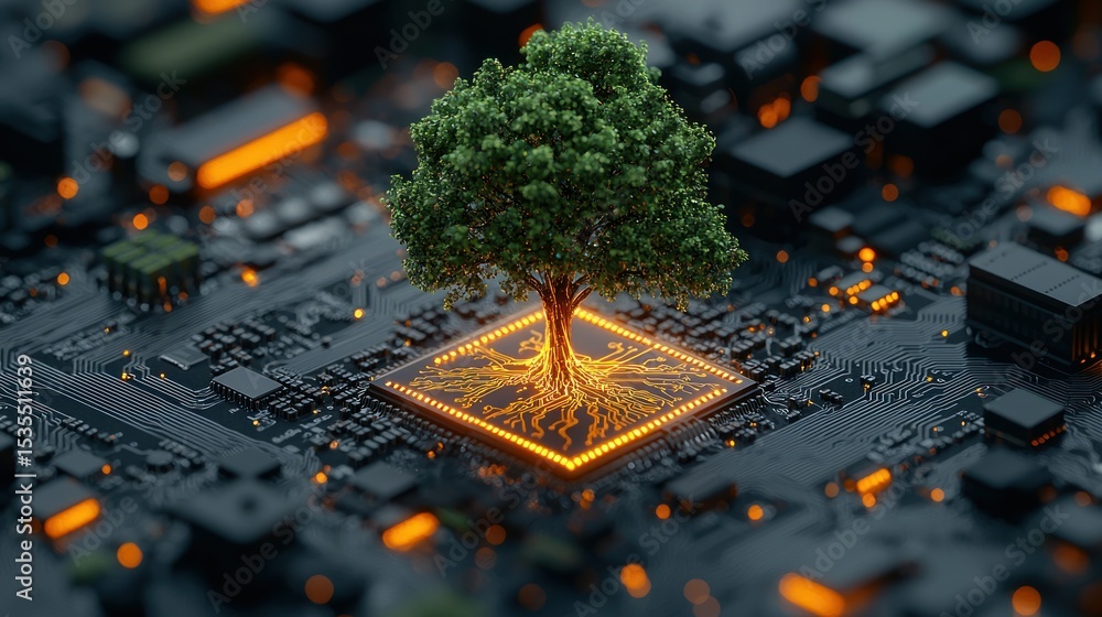 Poster a vibrant green tree sits atop a circuit board, its roots extending into a glowing square. tech and 