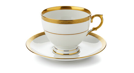 A porcelain teacup with a golden rim and matching saucer, vintage style, on white.