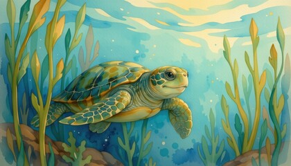 smiling turtle swimming through kelp forest, soft children design