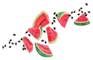 Levitating Watermelon pieces isolated on white. Flying Cutted watermelon  pieces  explotion. Watermelon fruit collection.  Top view. Flat lay. Pattern 