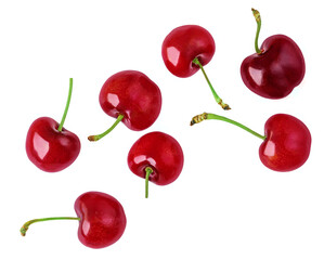 Levitating Red Cherries isolated on white. Flying sweet cherry.  Explosion. Top view. Flat lay. Pattern 