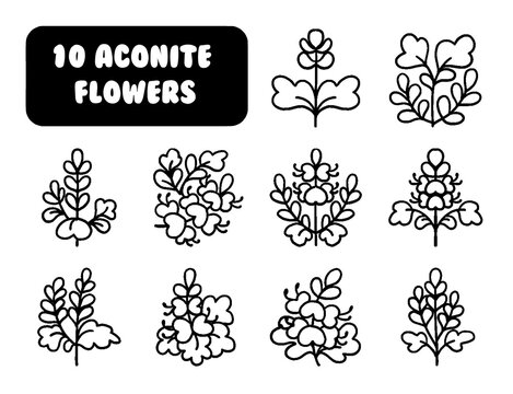 Cute Aconitum Flower Dingbats, Hand Drawn Vector Icon Set, Kawaii Aconitum Flowers Vector Icons, Cute Wolfsbane Flower Symbols